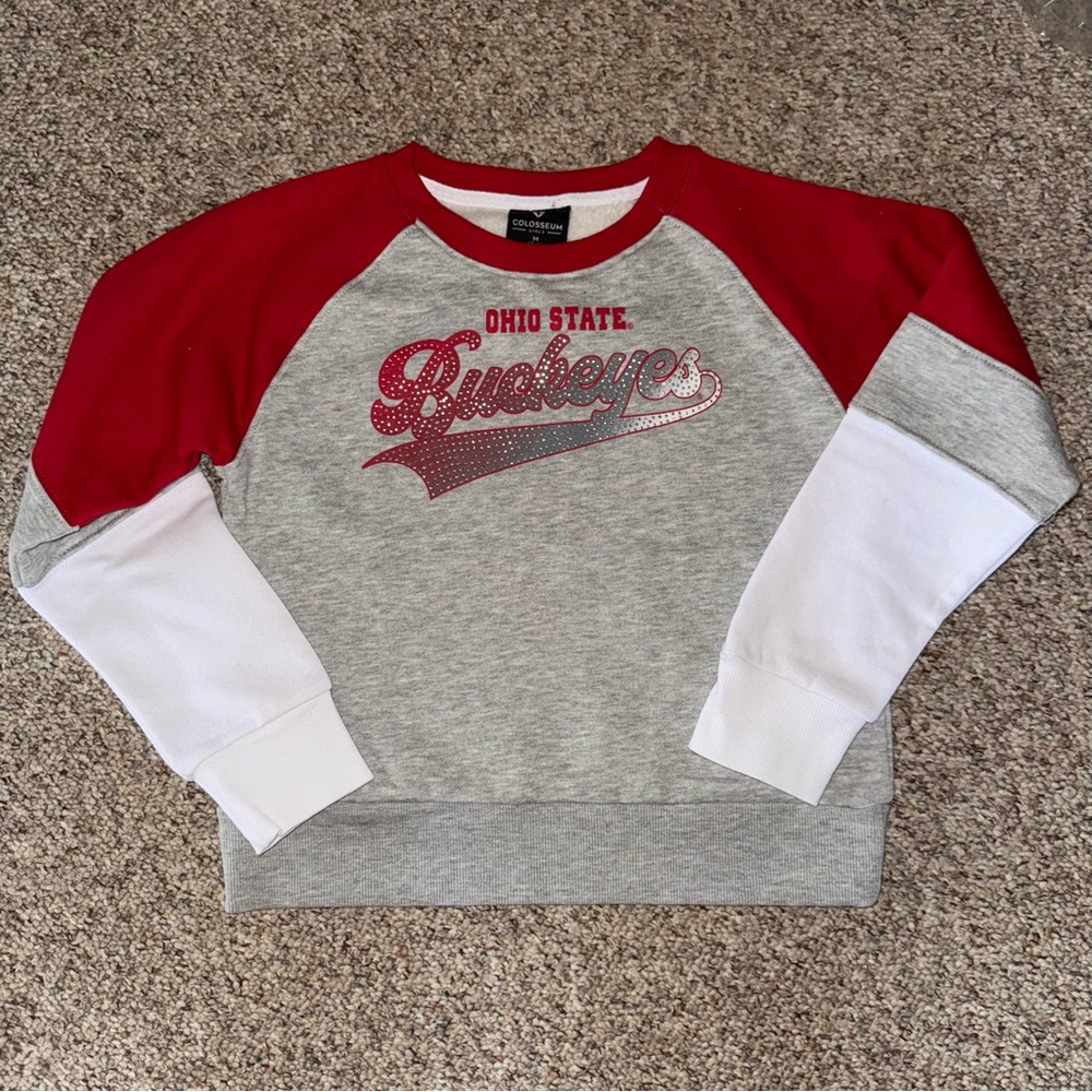 Ohio State Buckeyes Kids Sweatshirt - Red, Gray, White with Rhinestone Logo